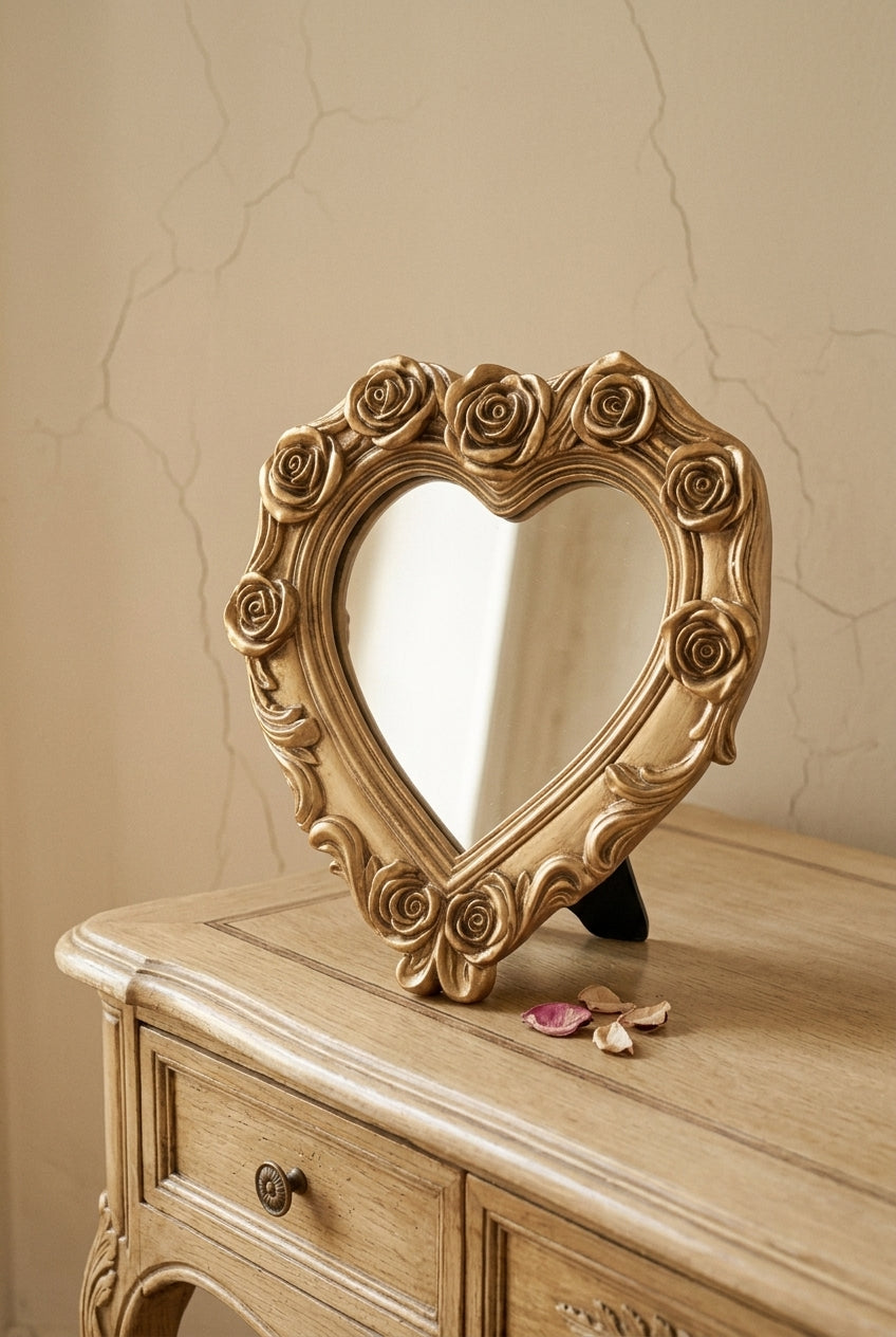 Miroir cœur roses sculptées, 14×13,8 cm. Vue d'ensemble.