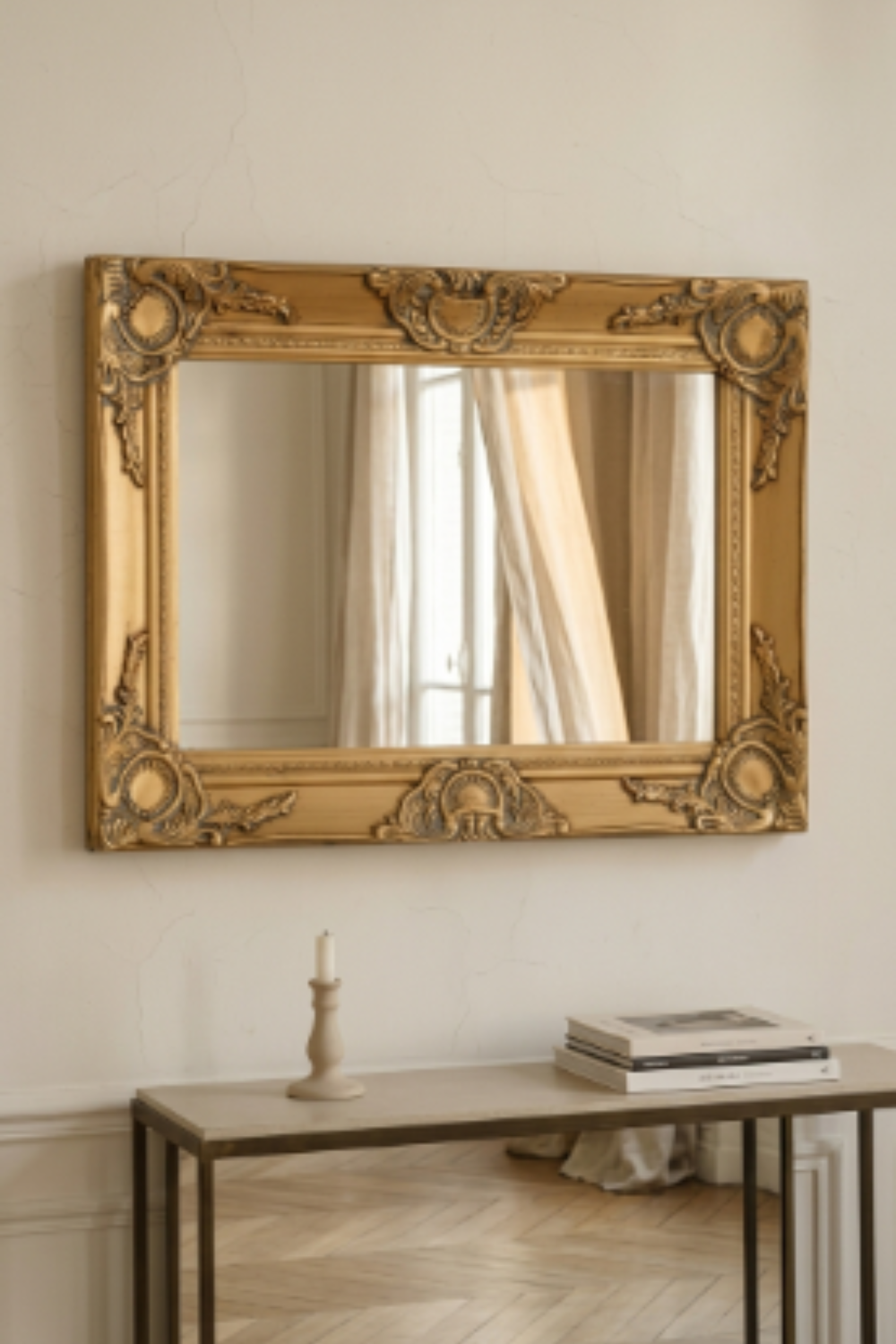 Miroir baroque doré, 60×40 cm. Vue d'ensemble.