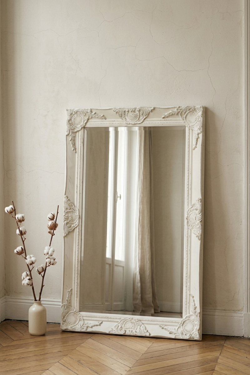 Grand miroir baroque, blanc patiné 50×80 cm. Photo 1 sur 7.