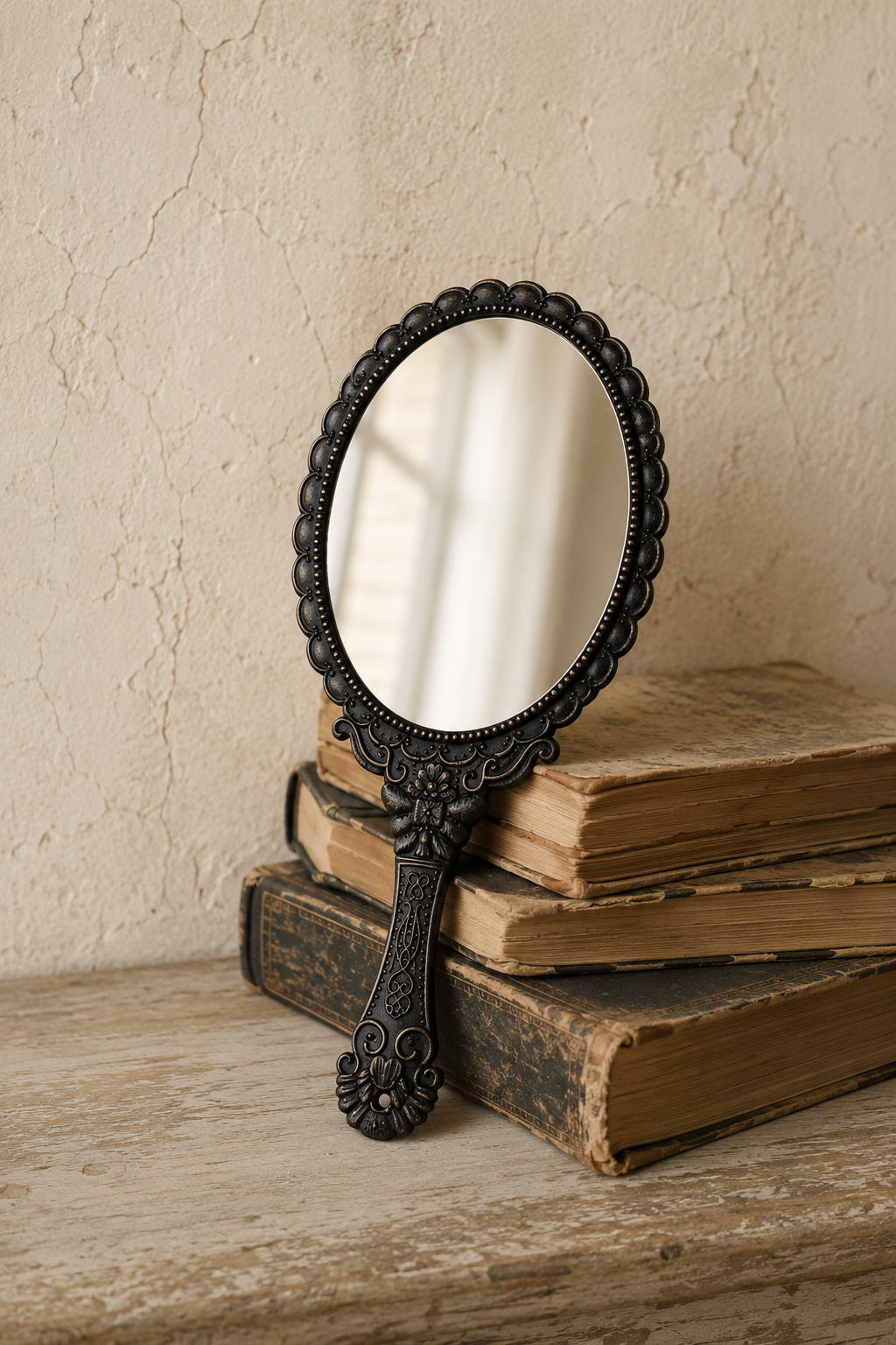 Miroir à main, noir baroque 11,5×25 cm, posé contre une pile de livres anciens.