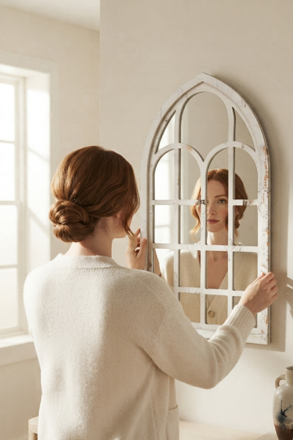 Miroir fenêtre cintrée, 25×45 cm. En situation, présence humaine suggérée de dos.