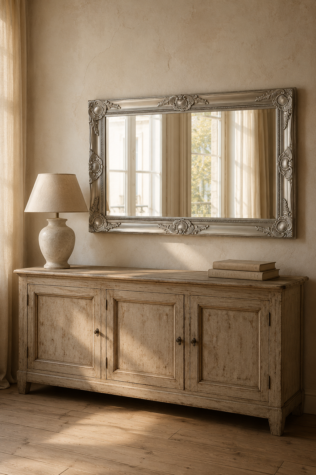 Grand miroir baroque, argent patiné 100×50 cm. Présenté avec un objet de référence pour l'échelle.