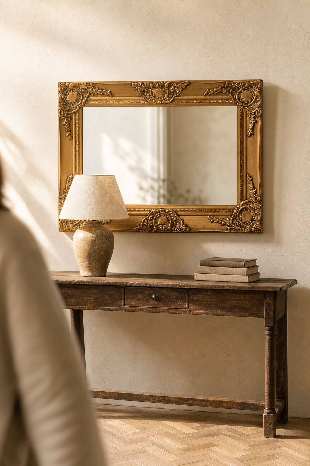 Miroir baroque doré, 60×40 cm. Présenté avec un objet de référence pour l'échelle.