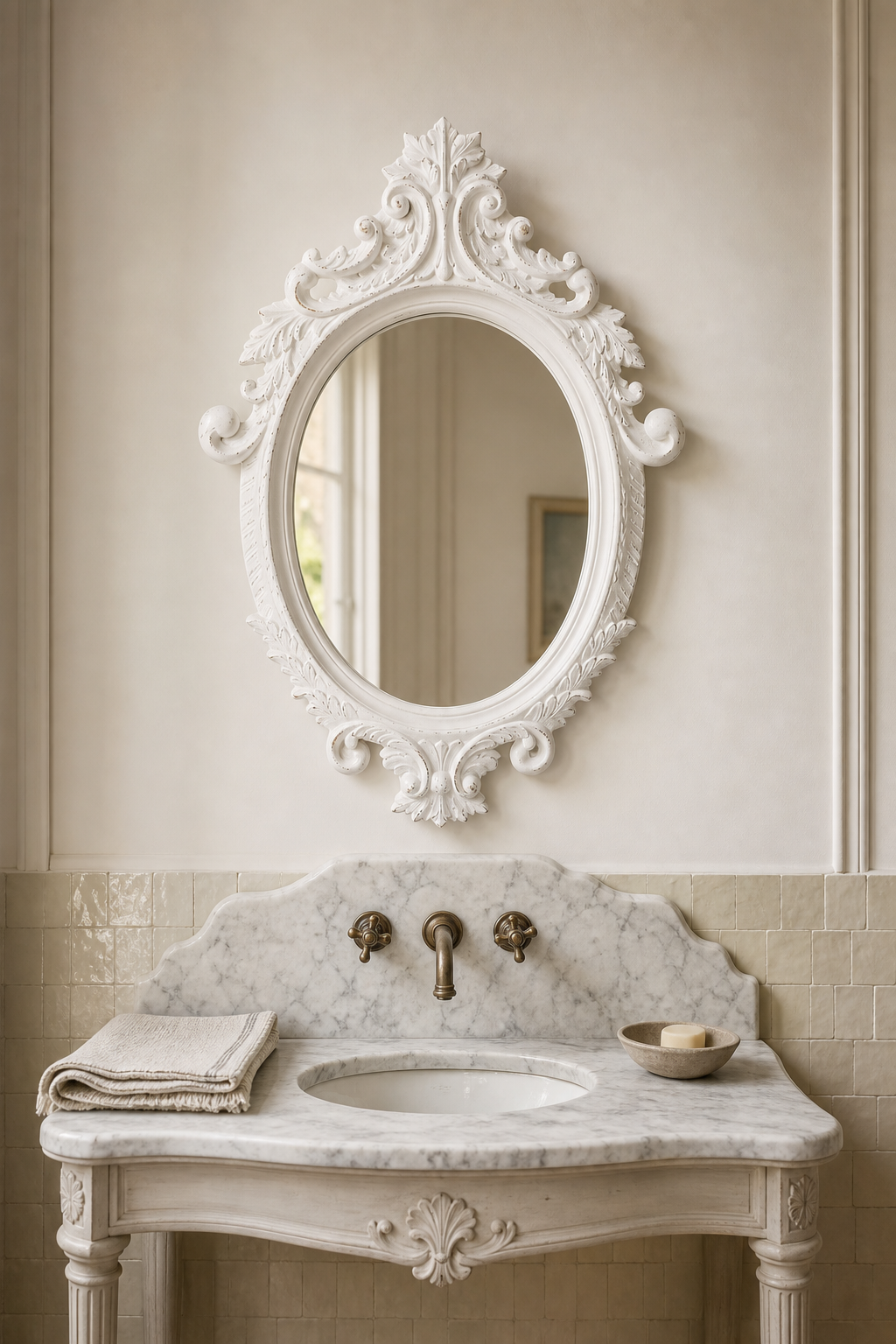 Miroir château, blanc patiné 56×76 cm. Présenté avec un objet de référence pour l'échelle.
