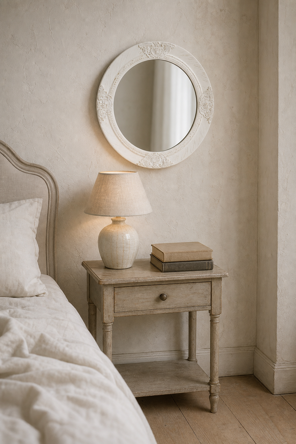 Miroir rond baroque, ⌀50 cm. Présenté avec un objet de référence pour l'échelle.