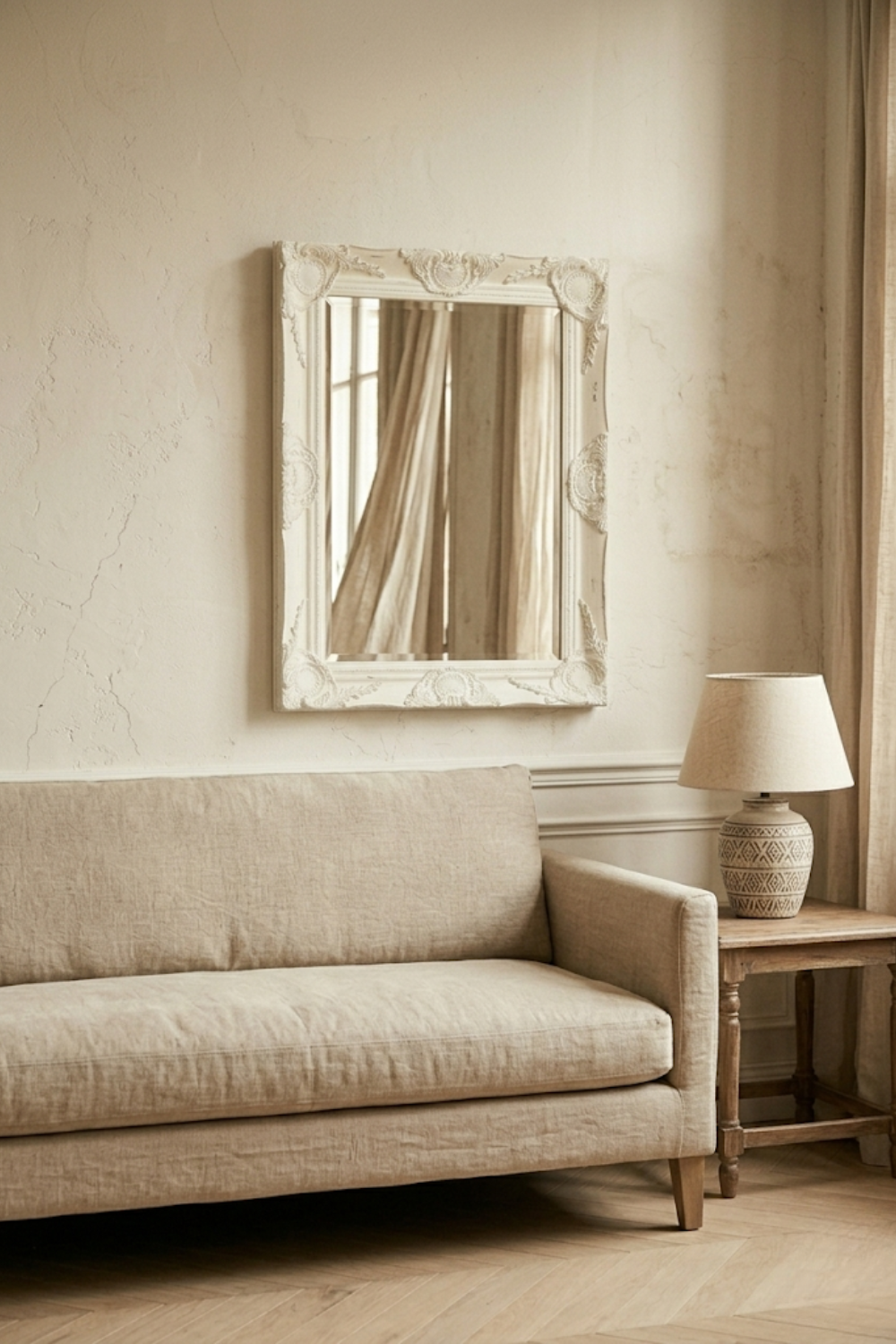 Grand miroir baroque, blanc patiné 50×80 cm. Photo 3 sur 7.