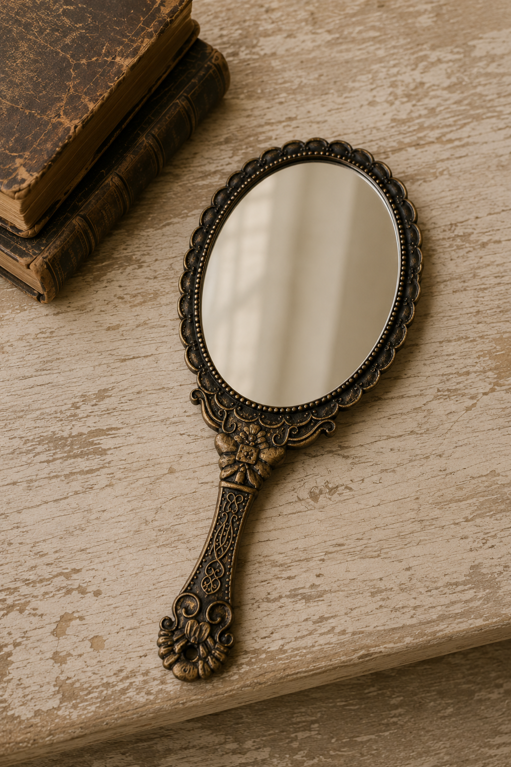 Miroir à main, noir baroque 11,5×25 cm, présenté à plat avec deux livres pour référence d'échelle.