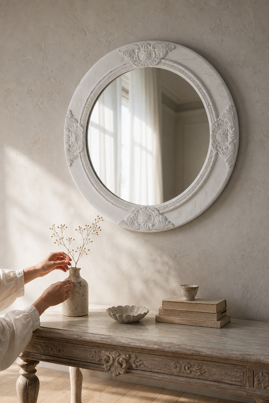 Miroir rond baroque, ⌀50 cm. En situation, présence humaine suggérée de dos.