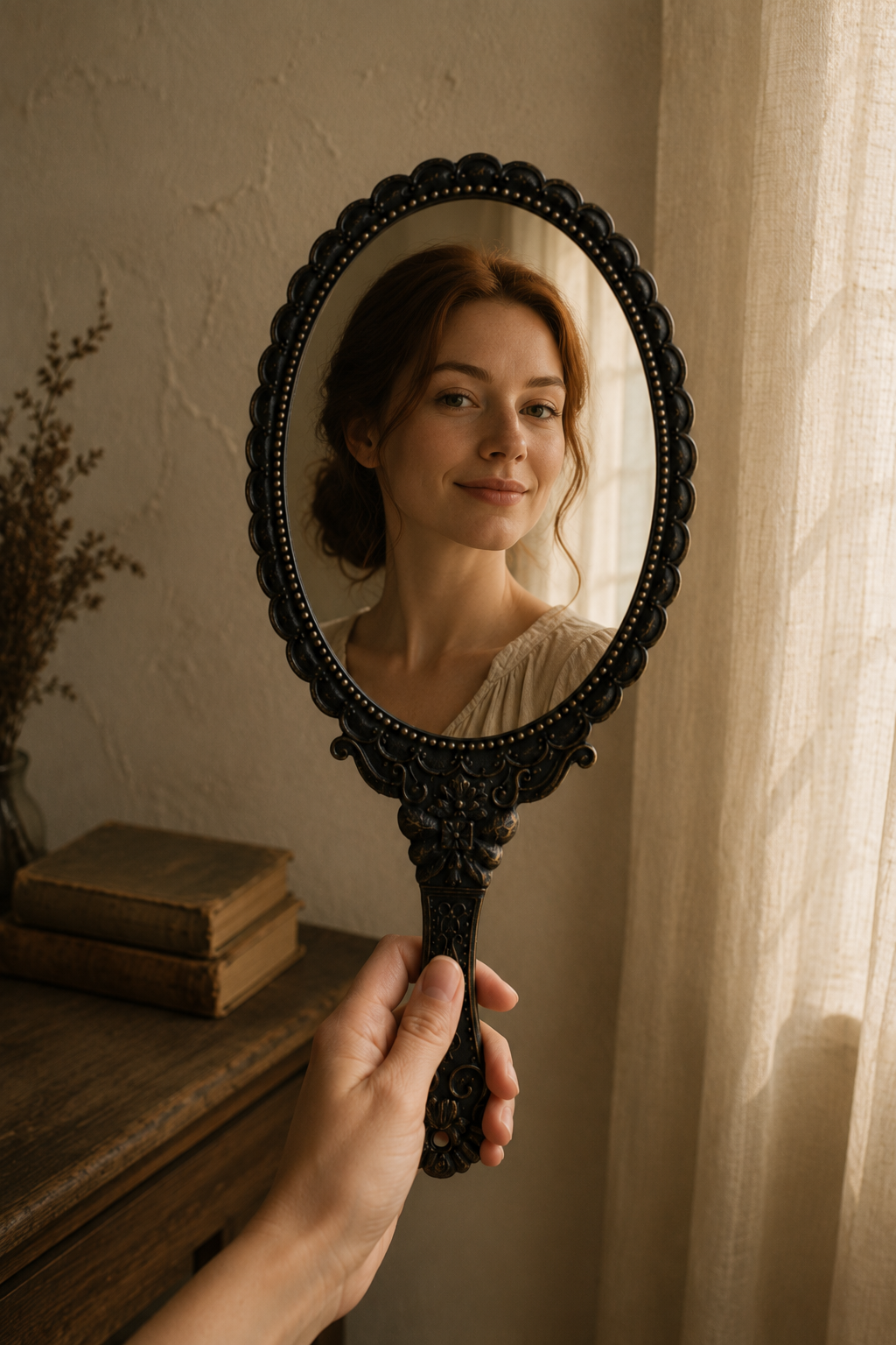 Miroir à main, noir baroque 11,5×25 cm, tenu par sa poignée sculptée.