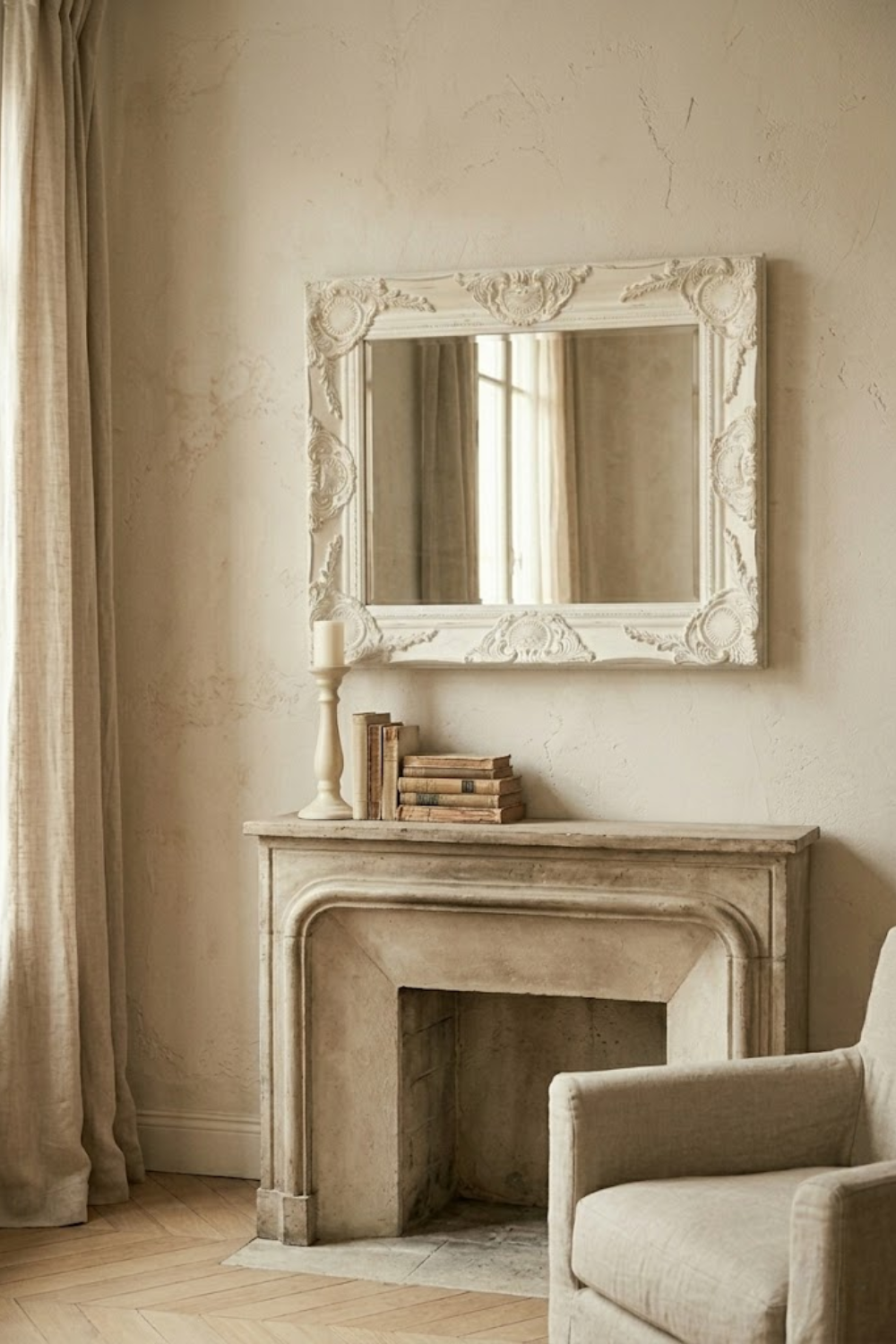 Miroir baroque, blanc patiné 50×40 cm. En situation, présence humaine suggérée de dos.