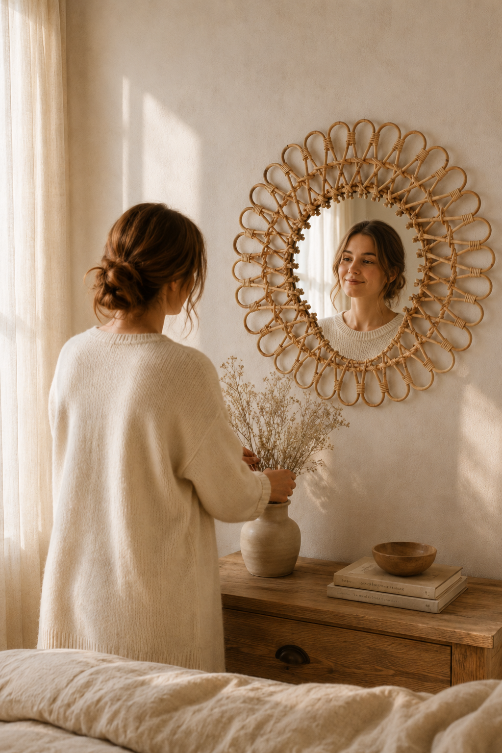 Miroir soleil en rotin tressé 40 cm, Couleur bois naturel, motif soleil tressé. En situation, présence humaine suggérée de dos.
