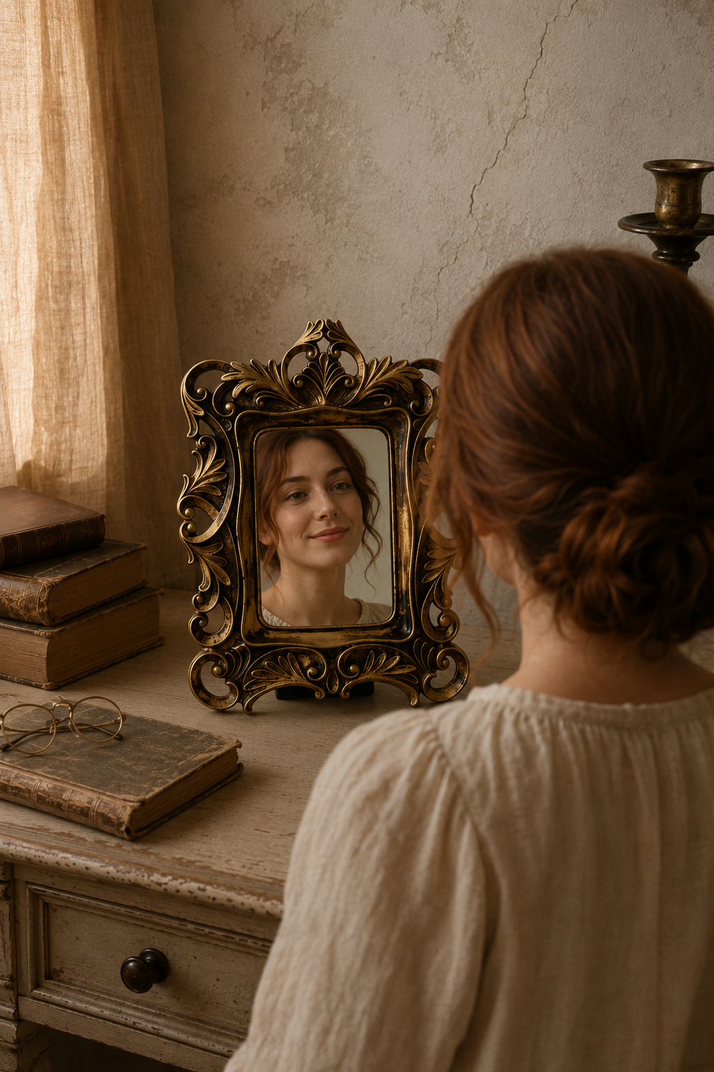 Miroir d'appoint, baroque doré 13×16 cm, en situation près d'une main ajustant son inclinaison.