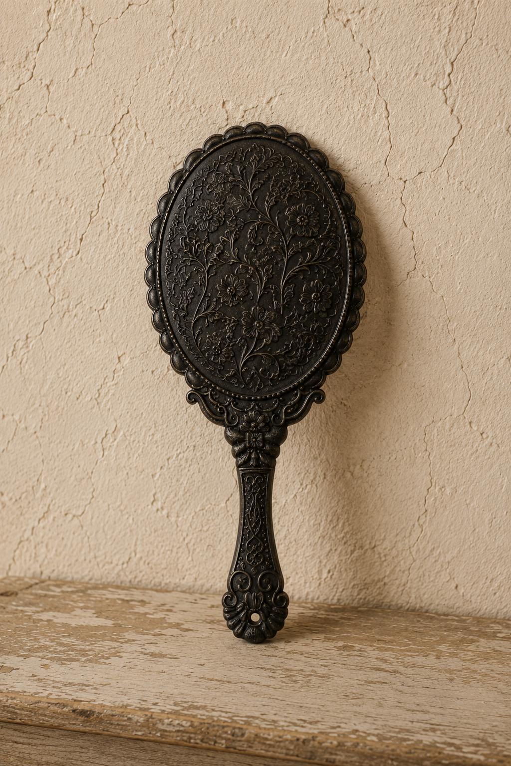 Miroir à main, noir baroque 11,5×25 cm, vue arrière avec motifs floraux gravés et orifice de suspension.