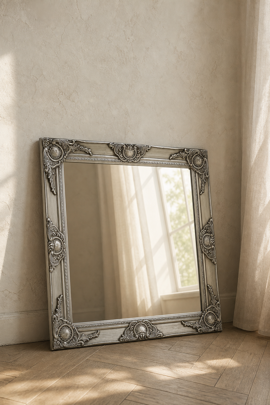 Cadre sculpté baroque argenté 60×60 cm. Photo 5 sur 7.