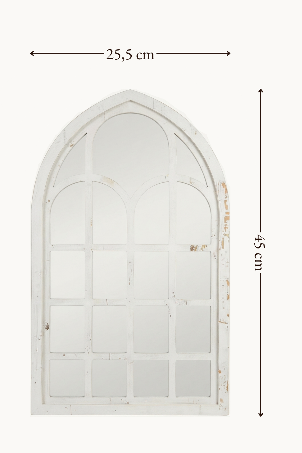 Miroir fenêtre cintrée, 25×45 cm. Vue de face sur fond neutre, pour se repérer sur les dimensions.