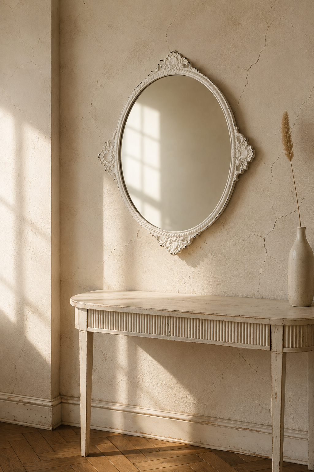 Ovale baroque blanc vieilli, ferronnerie délicate, au-dessus d'une console au mur en plâtre