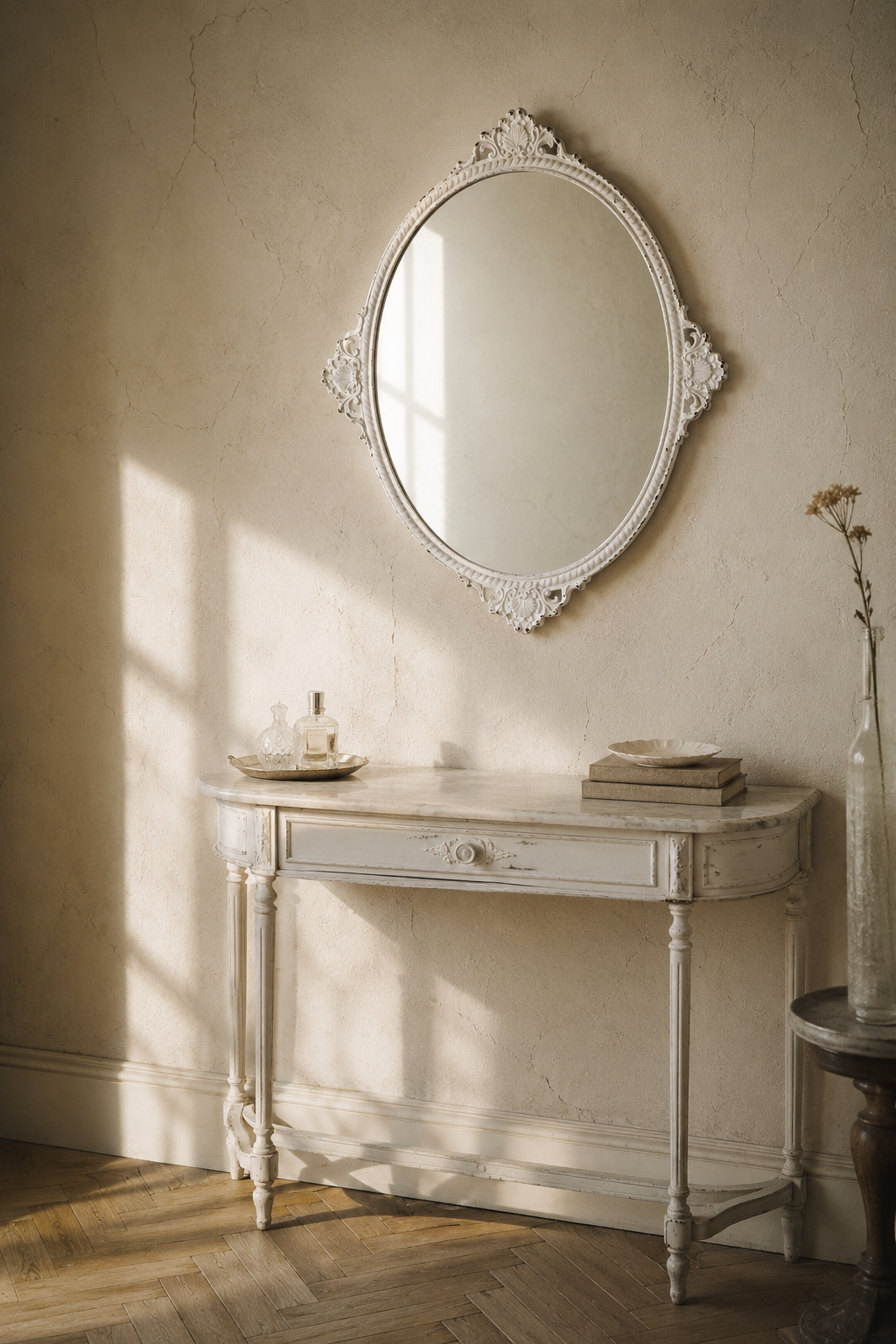 Ovale baroque blanc vieilli 25,5×29,7 cm avec un livre pour comparaison d'échelle
