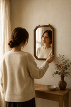 Miroir à pans coupés brun noyer, 22×37 cm. En situation, présence humaine suggérée de dos.