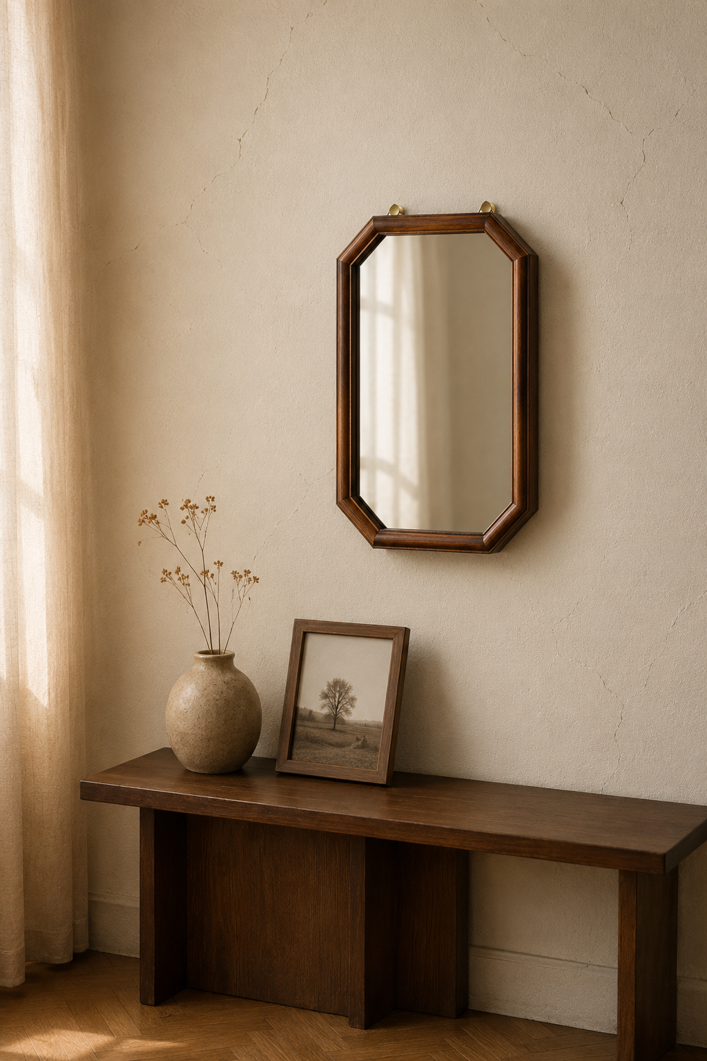 Miroir à pans coupés brun noyer, 22×37 cm. Présenté avec un objet de référence pour l'échelle.