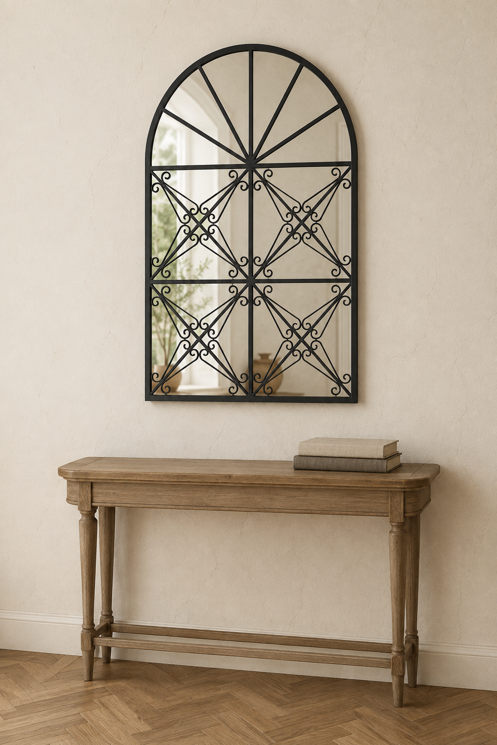 Verrière ouvragée noire 86×58 cm avec deux livres empilés pour comparaison d'échelle