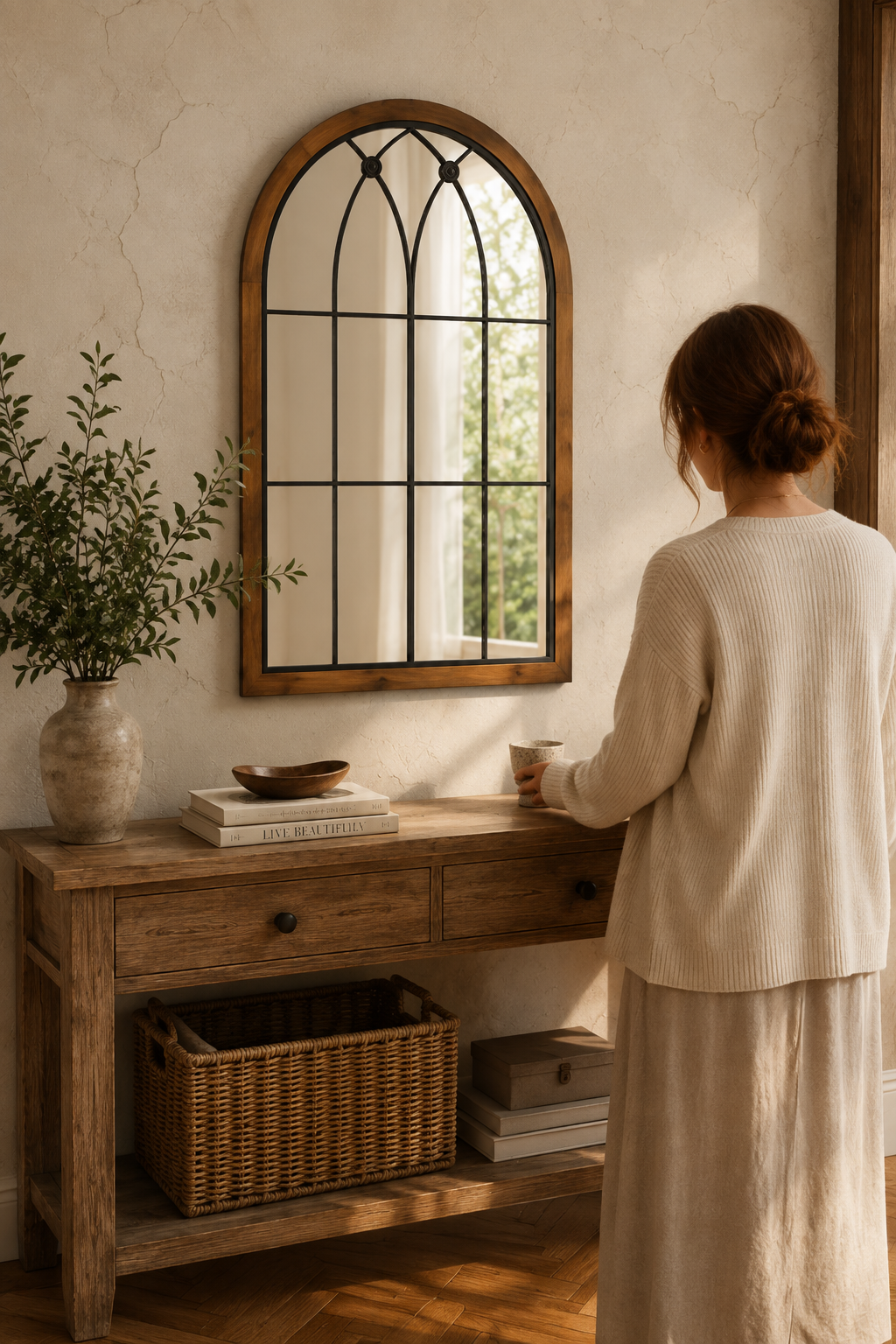 Femme de dos près de l'arche vitrail bois naturel, console d'entrée en lumière du matin