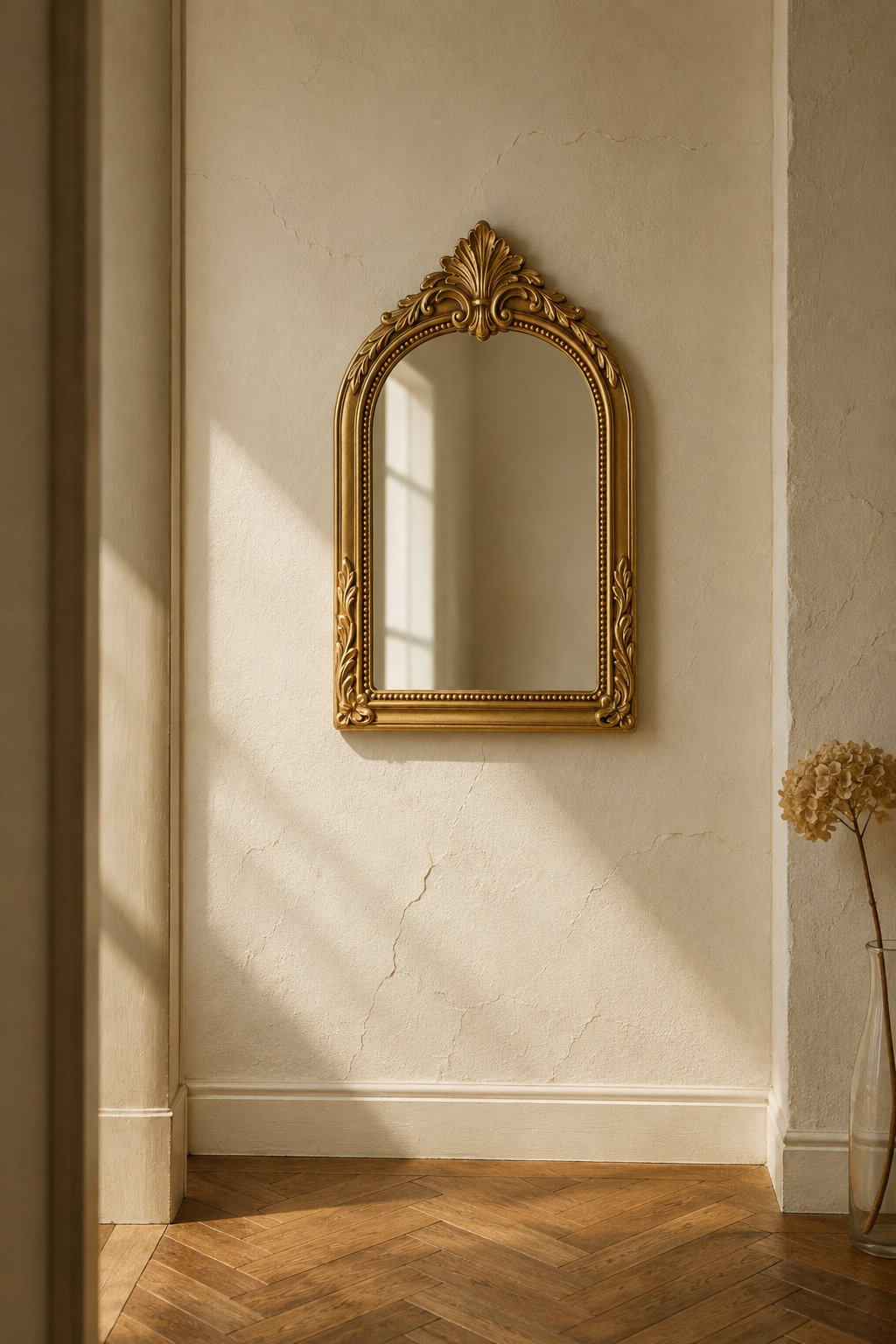 Petite arche baroque dorée 30,5×27,5 cm avec un livre pour comparaison d'échelle