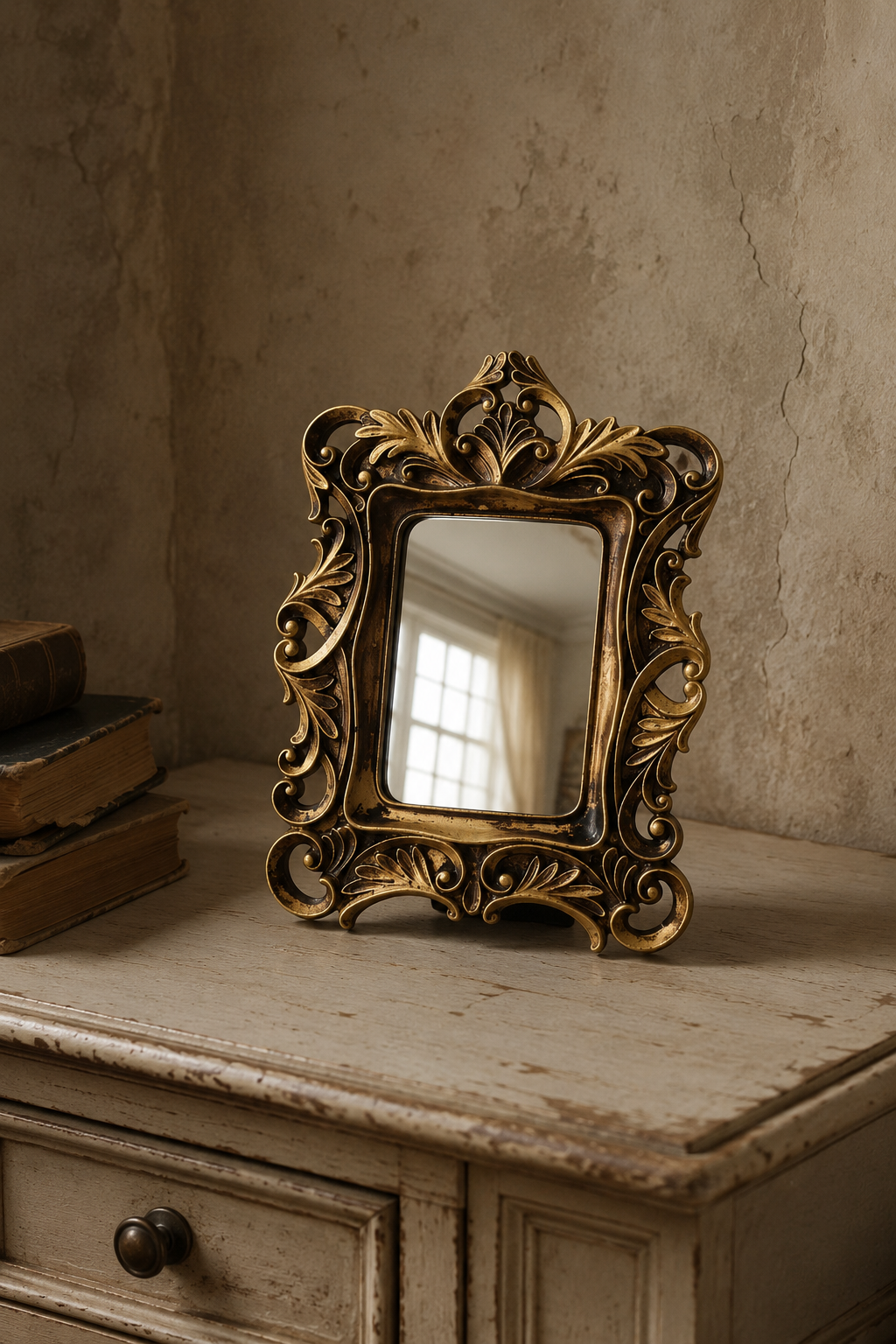 Miroir d'appoint, baroque doré 13×16 cm, posé sur un bureau en bois patiné parmi des livres anciens.