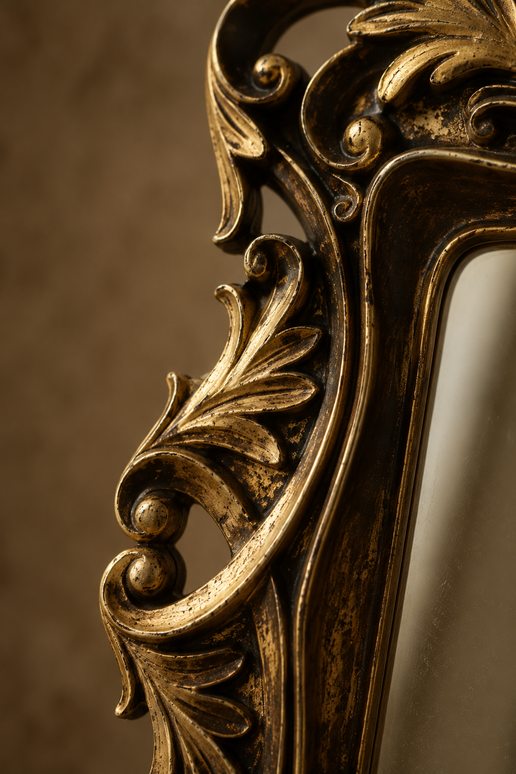 Miroir d'appoint, baroque doré 13×16 cm, gros plan sur le motif de volutes sculptées du cadre.