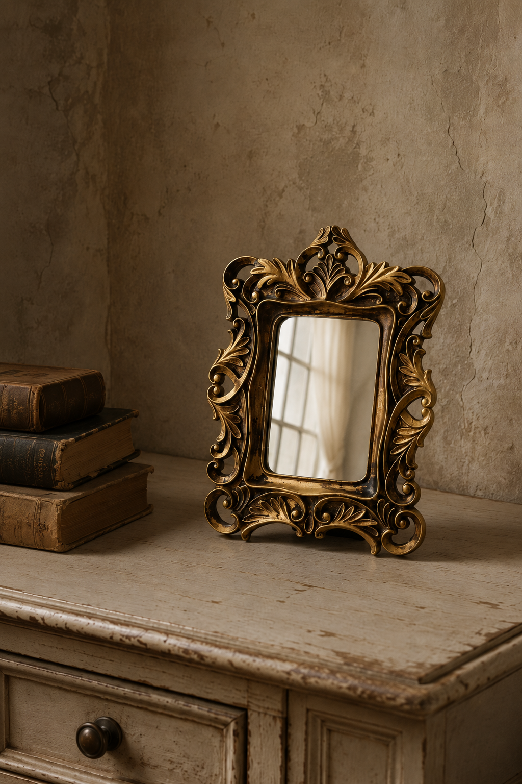 Miroir d'appoint, baroque doré 13×16 cm, présenté avec une pile de livres anciens pour référence d'échelle.
