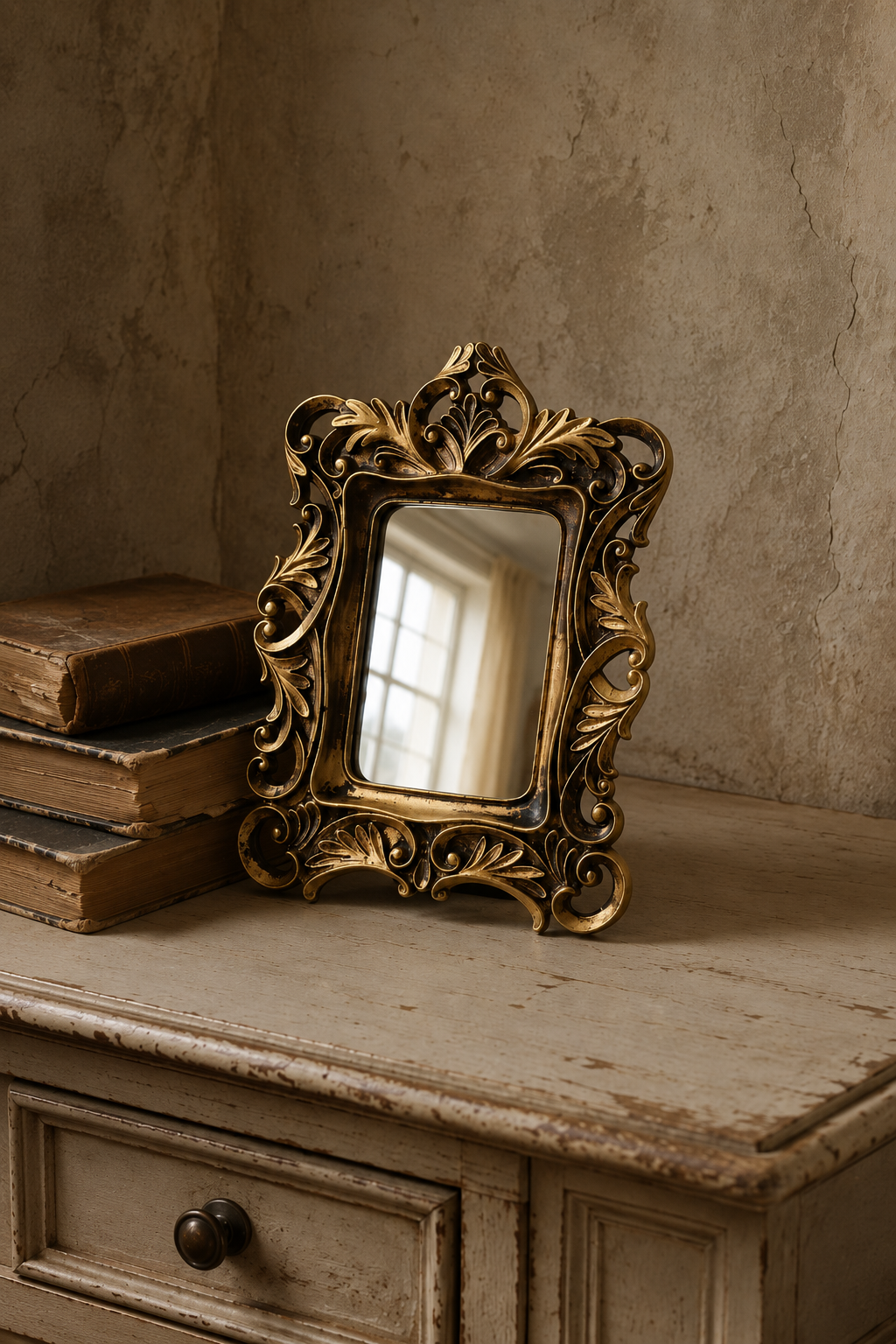 Miroir d'appoint, baroque doré 13×16 cm, appuyé contre une pile de livres, vue de face.
