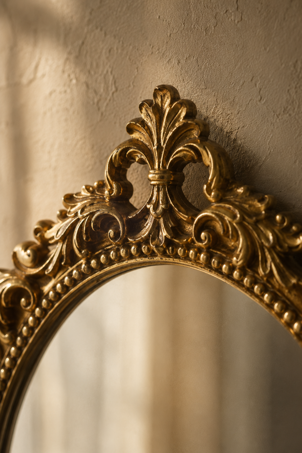 Miroir ovale, ruban et fleurs dorés 20×27 cm, gros plan sur le nœud sculpté en haut du cadre.