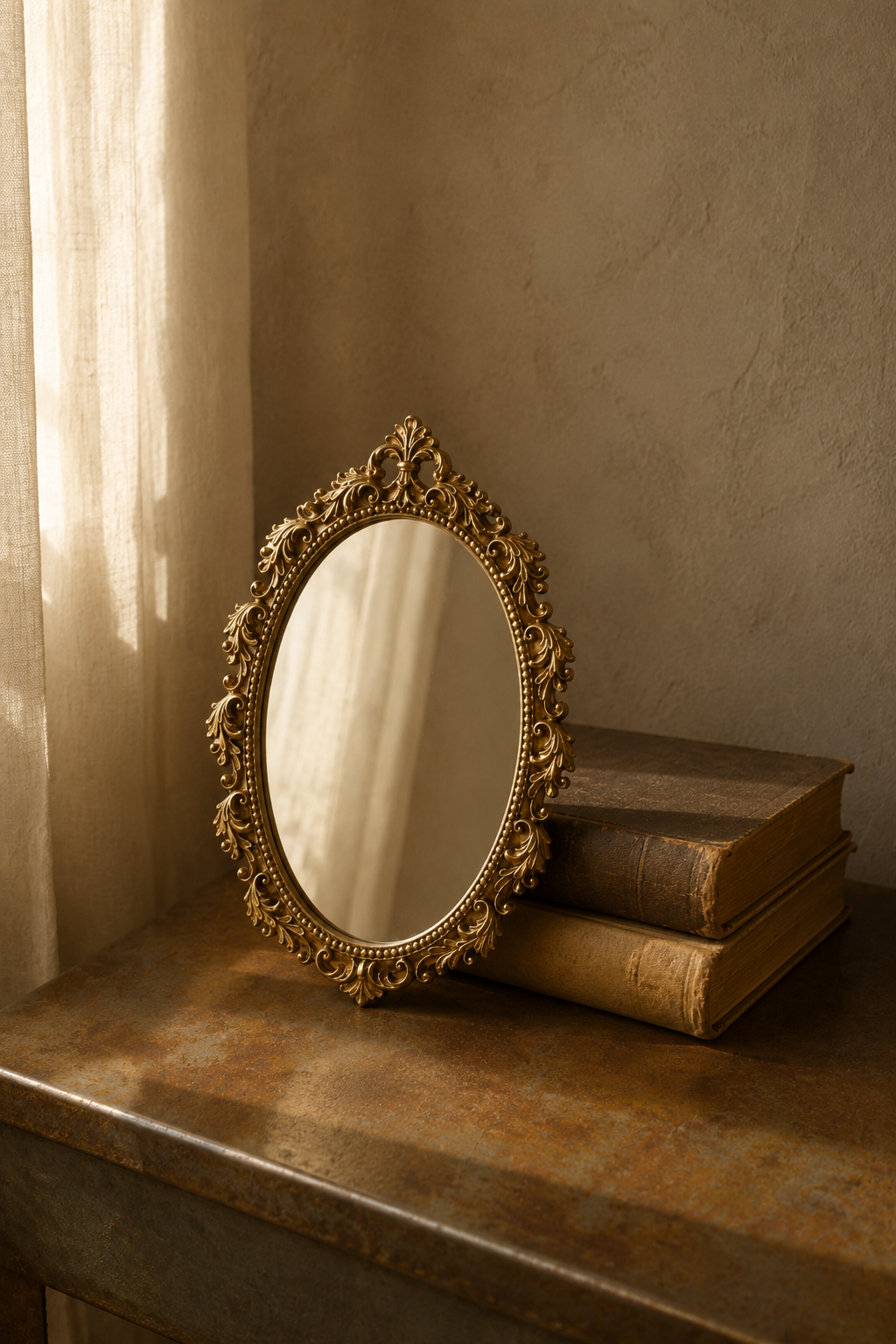 Miroir ovale, ruban et fleurs dorés 20×27 cm, présenté avec deux livres pour référence d'échelle.