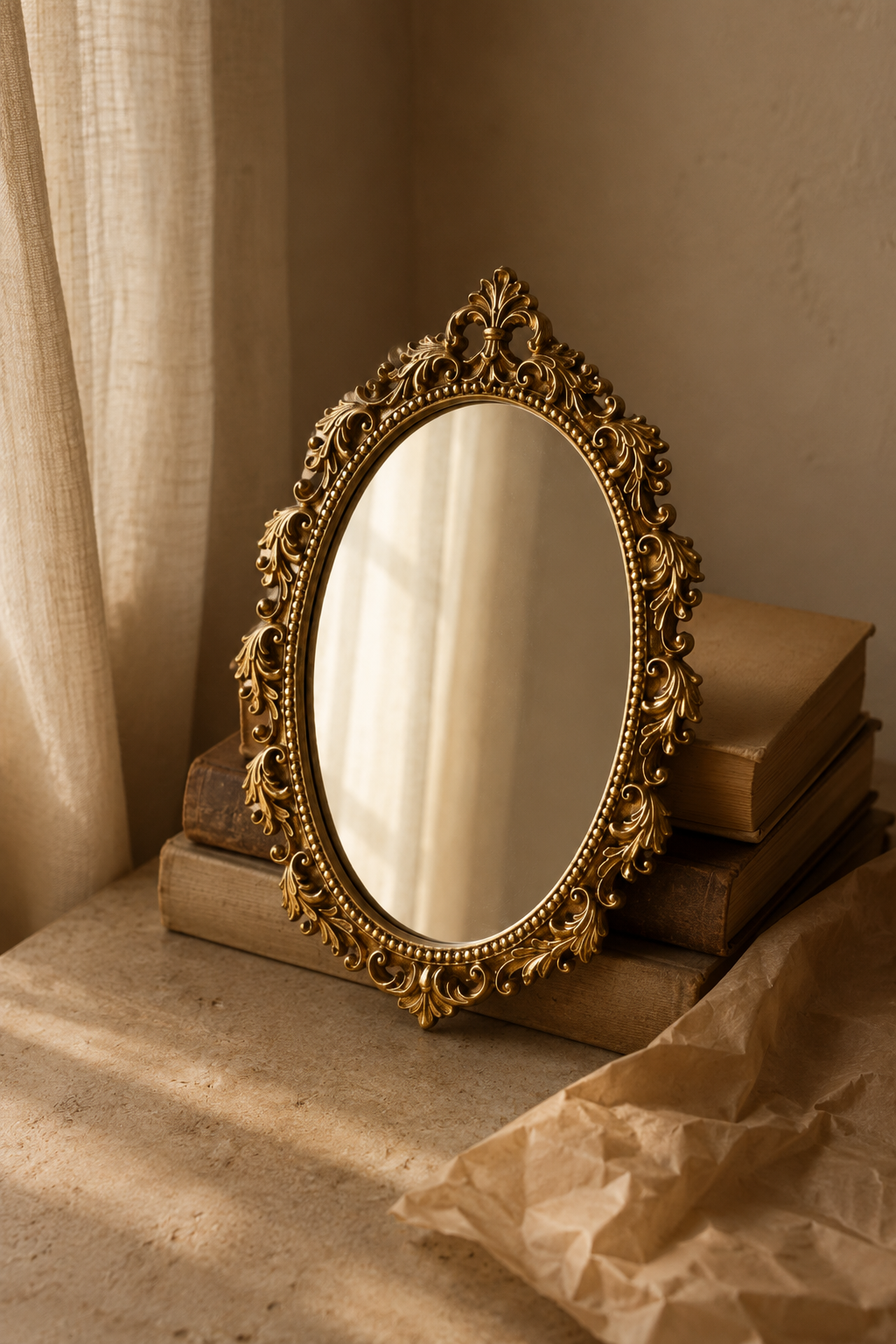 Miroir ovale, ruban et fleurs dorés 20×27 cm, appuyé contre une pile de livres, vue de face.
