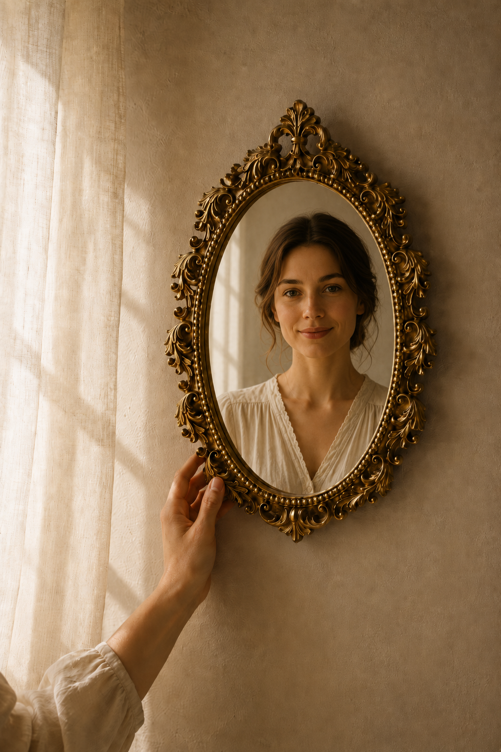 Miroir ovale · ruban et fleurs dorés 20×27 cm