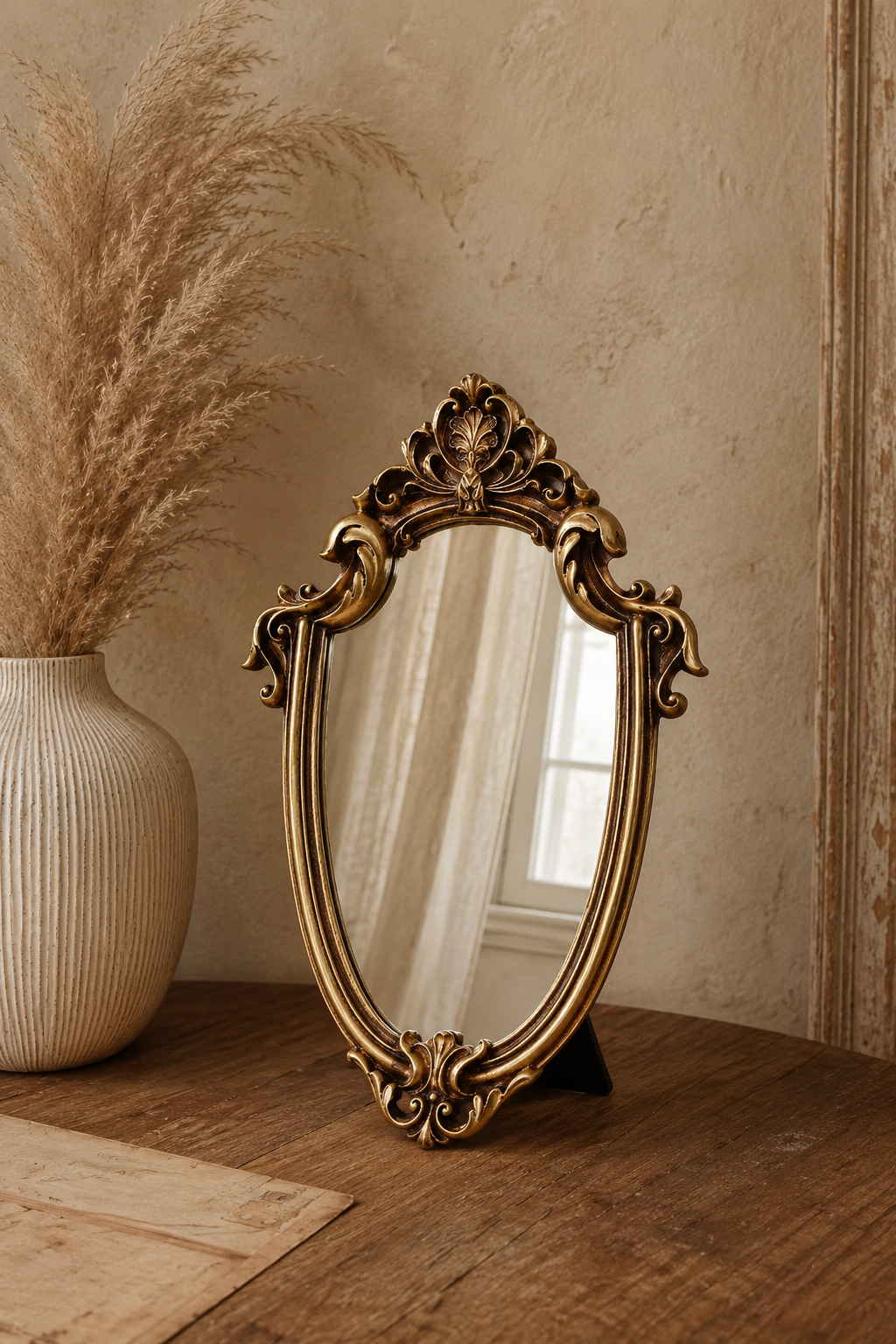 Miroir écusson, couronne dorée 20×29 cm, posé près d'un vase en céramique avec des herbes de la pampa.