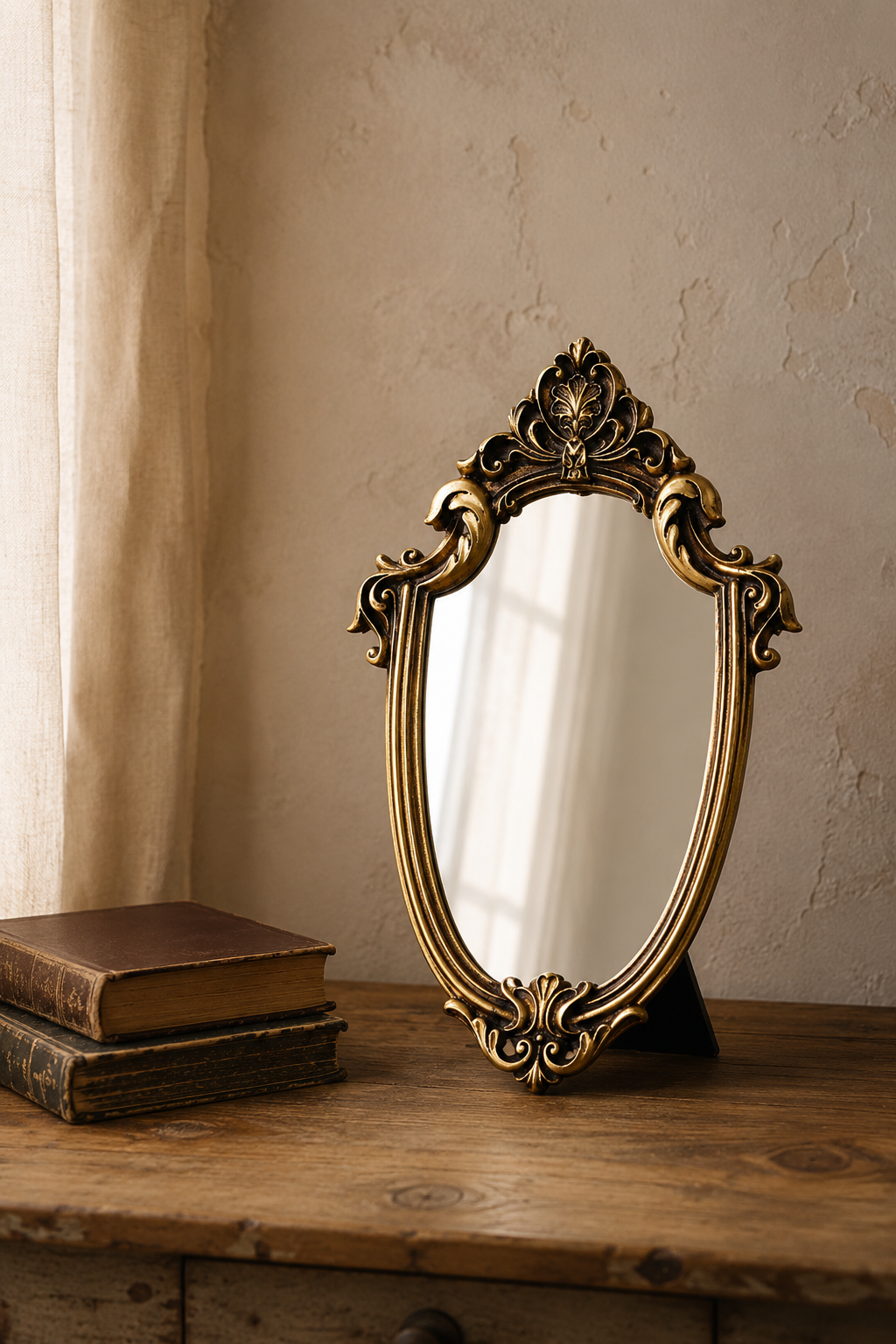 Miroir écusson, couronne dorée 20×29 cm, présenté avec deux livres pour référence d'échelle.