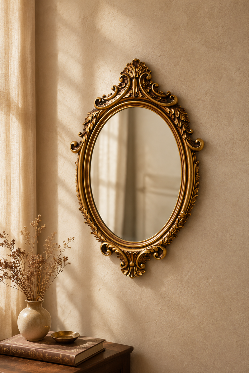 Miroir ovale, baroque doré 37×23 cm, Doré à reliefs sculptés, patine bronze dans les creux. Vue d'ensemble.