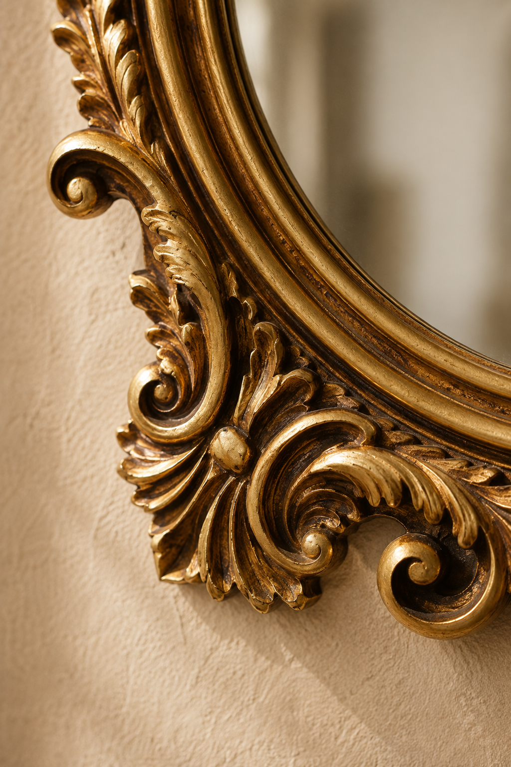 Miroir ovale, baroque doré 37×23 cm, Doré à reliefs sculptés, patine bronze dans les creux. Détail du cadre en gros plan.