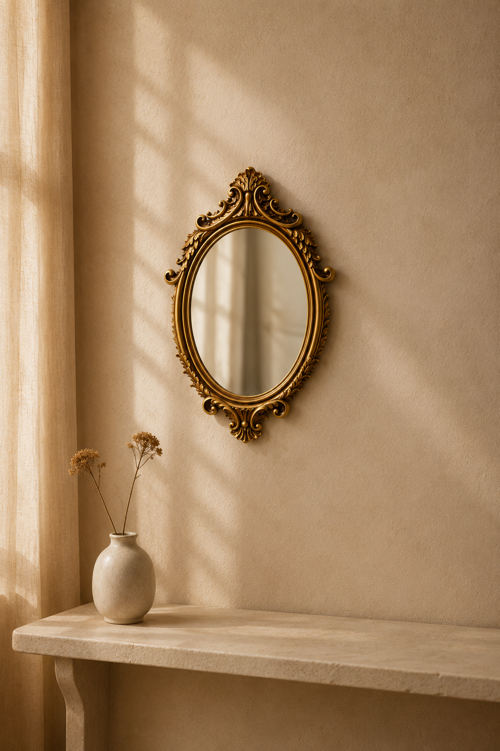 Miroir ovale, baroque doré 37×23 cm, Doré à reliefs sculptés, patine bronze dans les creux. Présenté avec un objet de référence pour l'échelle.