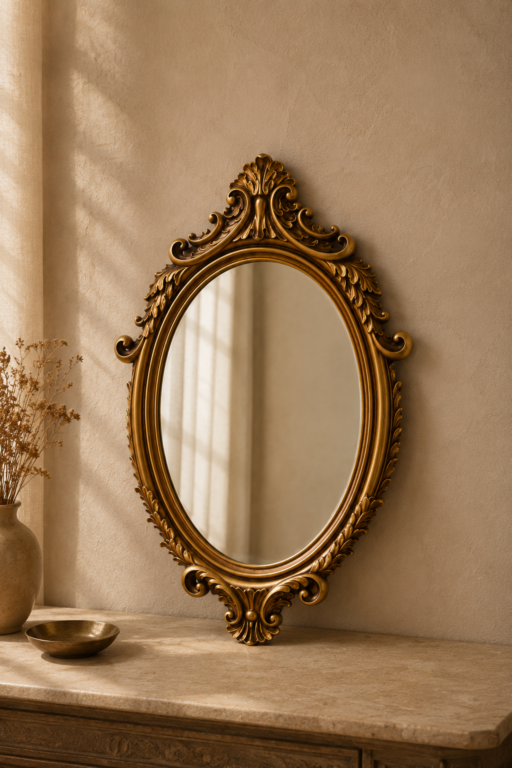 Miroir ovale, baroque doré 37×23 cm, Doré à reliefs sculptés, patine bronze dans les creux. Vu de l'arrière ou en cours d'installation.