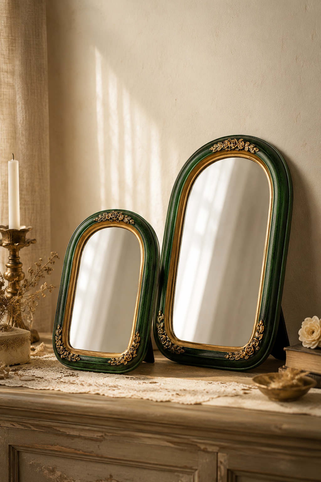 Miroir coiffeuse, vert bouteille et doré, deux tailles M et L présentées côte à côte sur une console.
