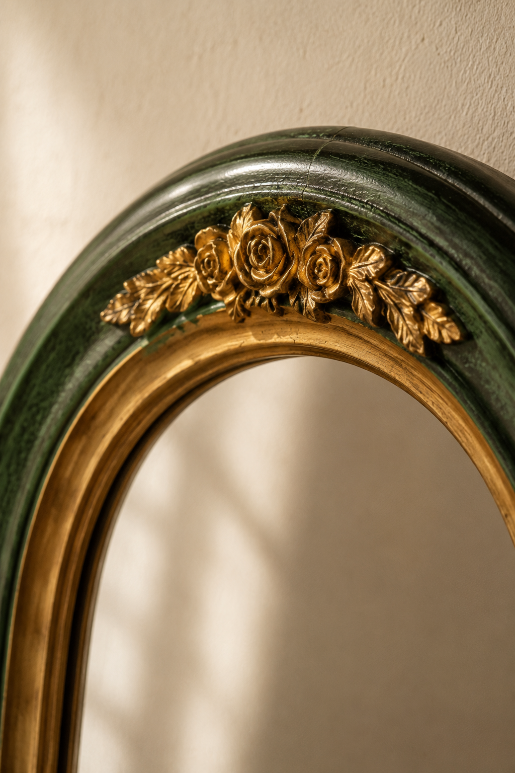 Miroir coiffeuse, vert bouteille et doré, gros plan sur les reliefs dorés du cadre en résine.