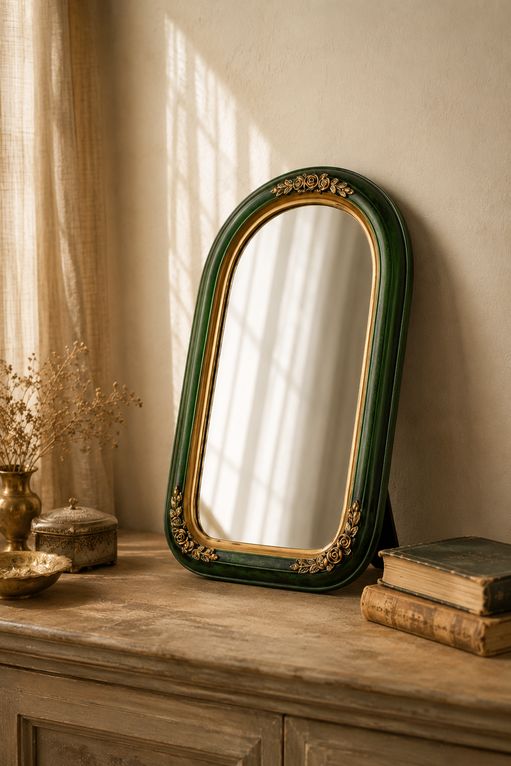 Miroir coiffeuse, vert bouteille et doré, taille L présentée avec deux livres pour référence d'échelle.