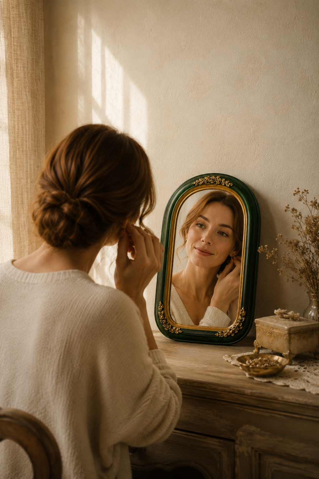 Miroir coiffeuse, vert bouteille et doré, taille M en situation près d'une silhouette ajustant une boucle d'oreille.
