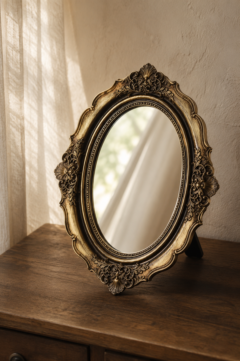 Miroir coiffeuse, baroque doré 17×21,5 cm, debout sur un bureau en bois grâce à son pied-support.