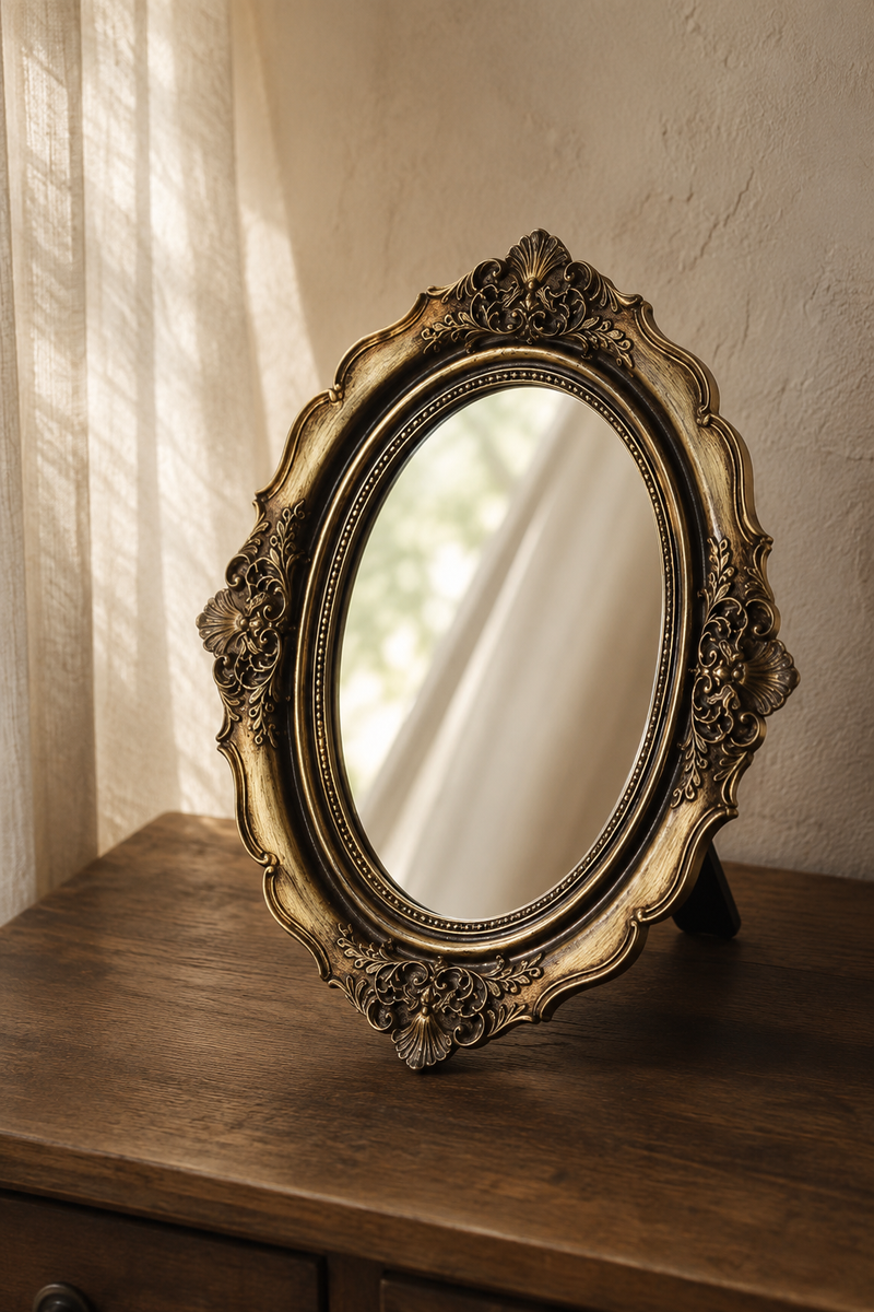Miroir coiffeuse, baroque doré 17×21,5 cm, debout sur un bureau en bois grâce à son pied-support.