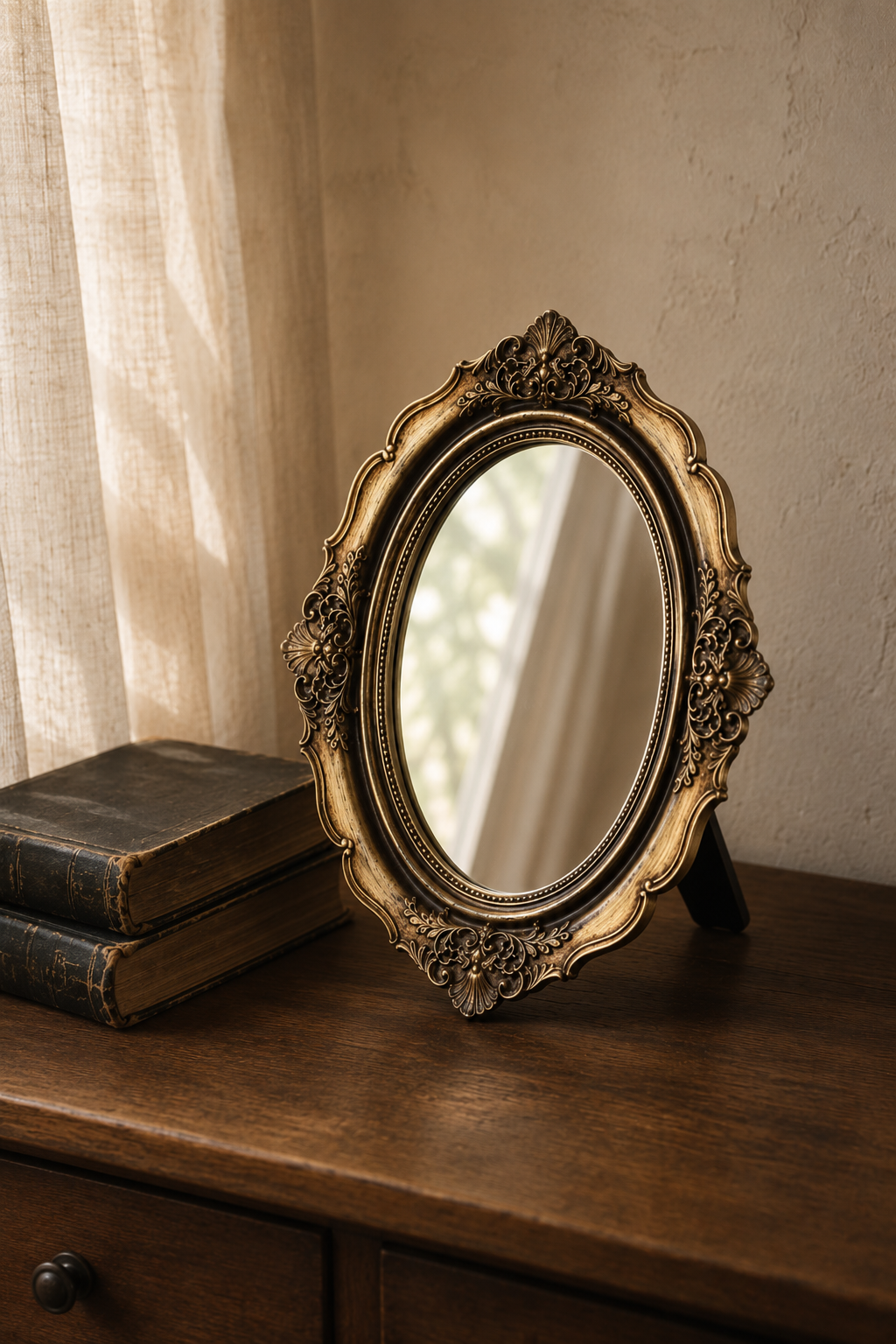 Miroir coiffeuse, baroque doré 17×21,5 cm, présenté avec deux livres pour référence d'échelle.