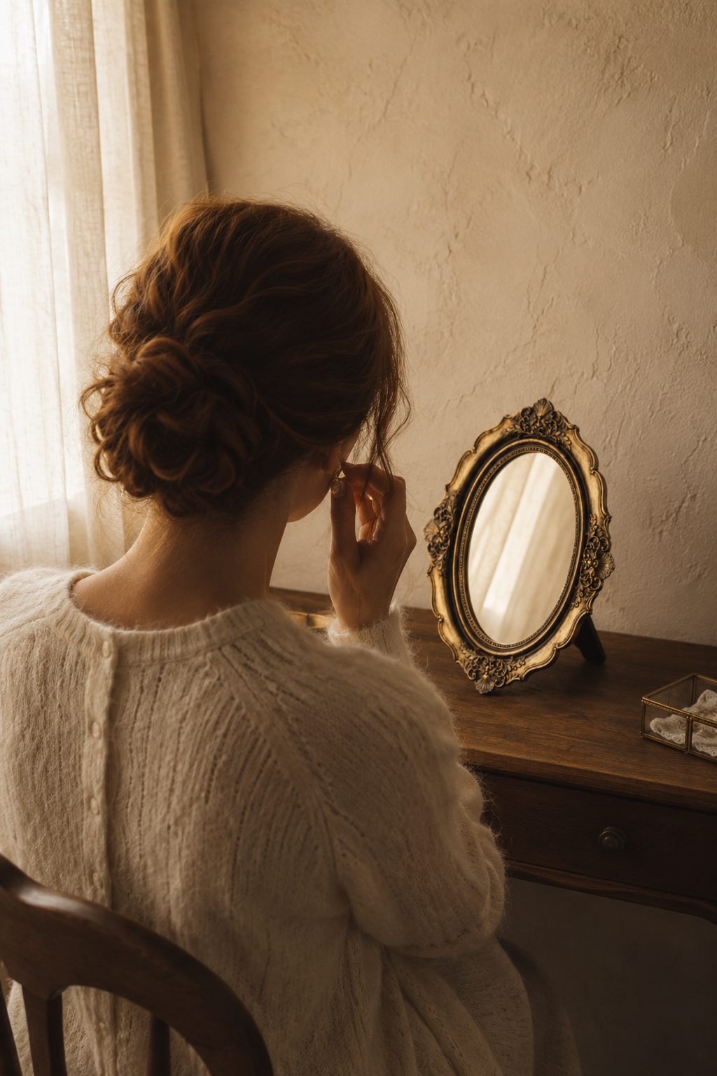 Miroir coiffeuse, baroque doré 17×21,5 cm, en situation près d'une silhouette assise à un bureau.
