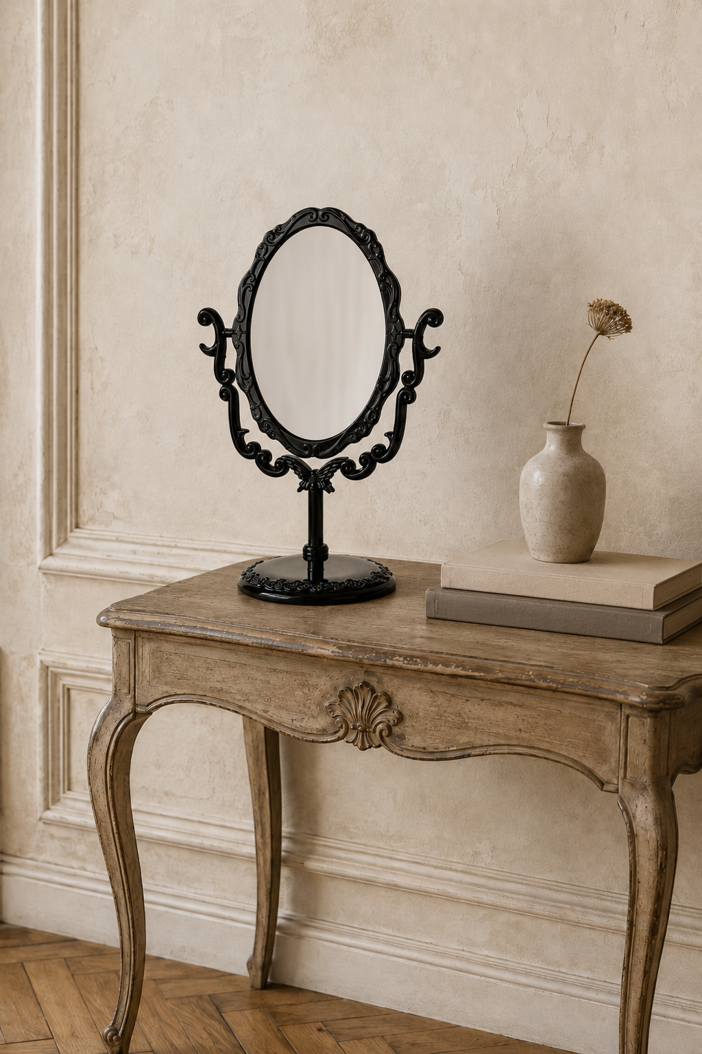 Miroir coiffeuse papillon, noir 22×16 cm. Vue d'ensemble.