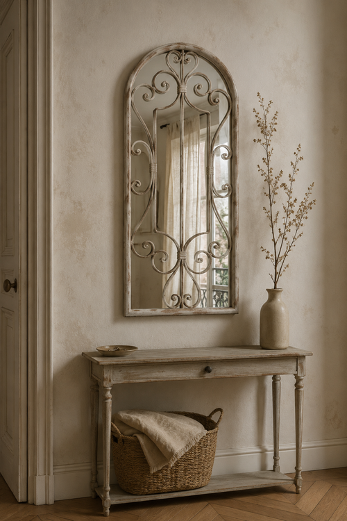Arche en fer façonné beige, effet rouille 100×45 cm. Vue d'ensemble.